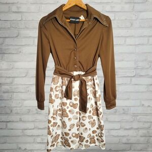 1970s vintage short dress size XS seashell design brown‎ white poly long sleeves